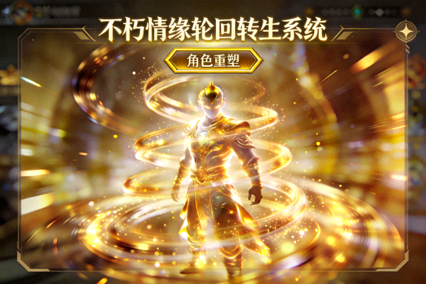不朽情缘轮回转生系统界面中角色重塑法身的金色光效画面