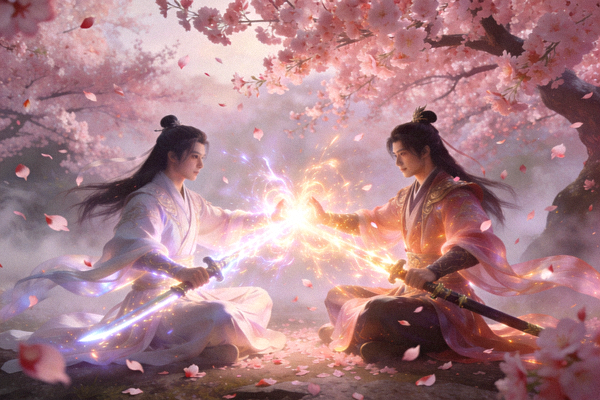 不朽情缘情缘双修系统中两名仙侠角色在桃花树下对坐合击的场景