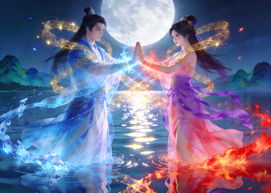 不朽情缘情缘双修玩法中两位仙侠角色在月光湖畔共同施展合击技能的画面